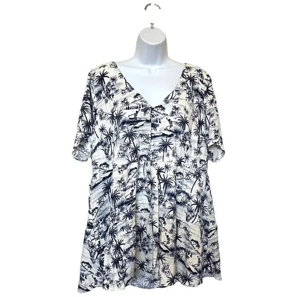 Torrid Women's Tropical Skeleton Print Tunic Top 2X Rayon/Spandex Blue/White - Picture 8 of 9